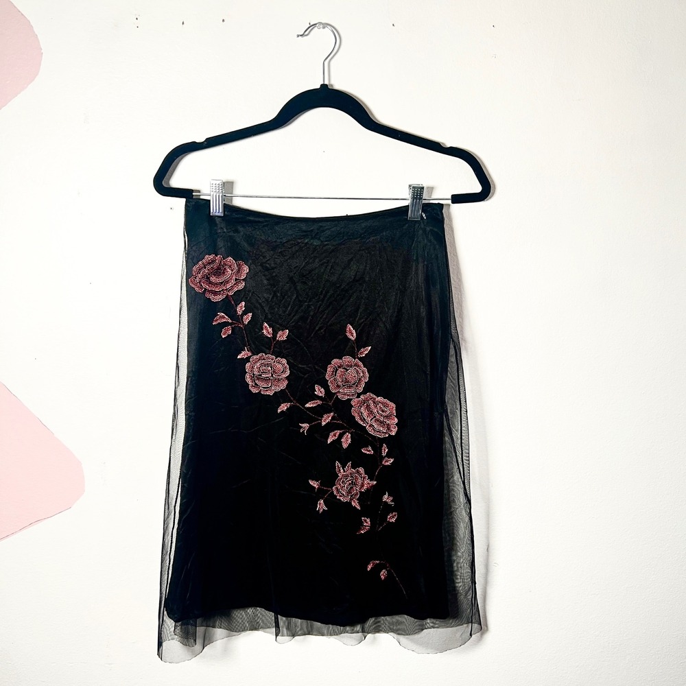 VTG Y2K Black Mesh Midi Skirt Sz‎ 6 Fairycore Gothic Floral Indie Sleaze 2000s
